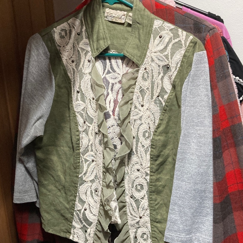 BKE by Buckle EUC Olive Linen Lace 3/4 Sleeve Cardigan